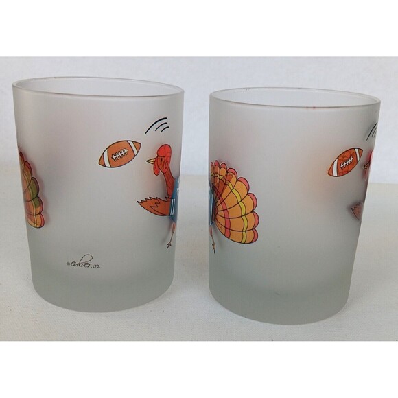 2 Culver Frosted Satin Old Fashioned Turkey Playing Football Glasses Tumblers - Picture 4 of 8